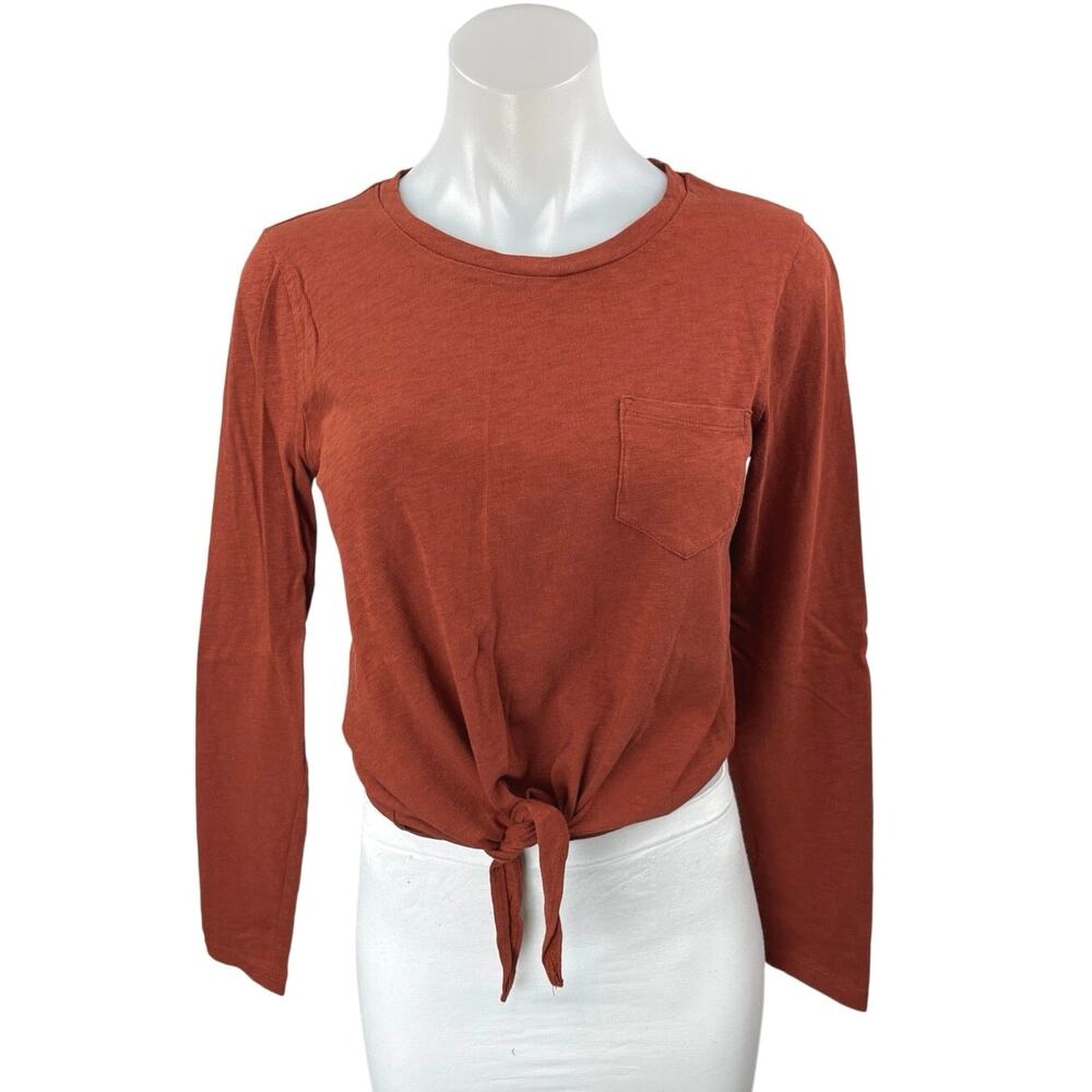 J.Crew Rust Brown Tie Front Knit Long Sleeve Blouse T-Shirt Sweater Top Size S